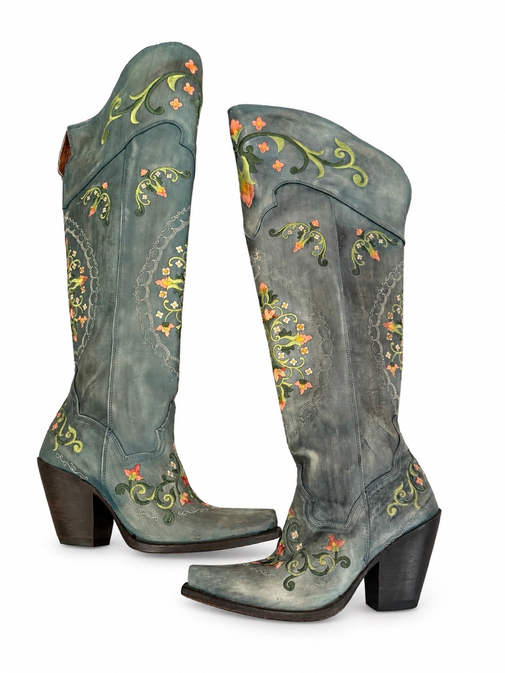 Dan Post Floral Embroidered Tall Western Cowboy Boots Blue Green Flower Girl